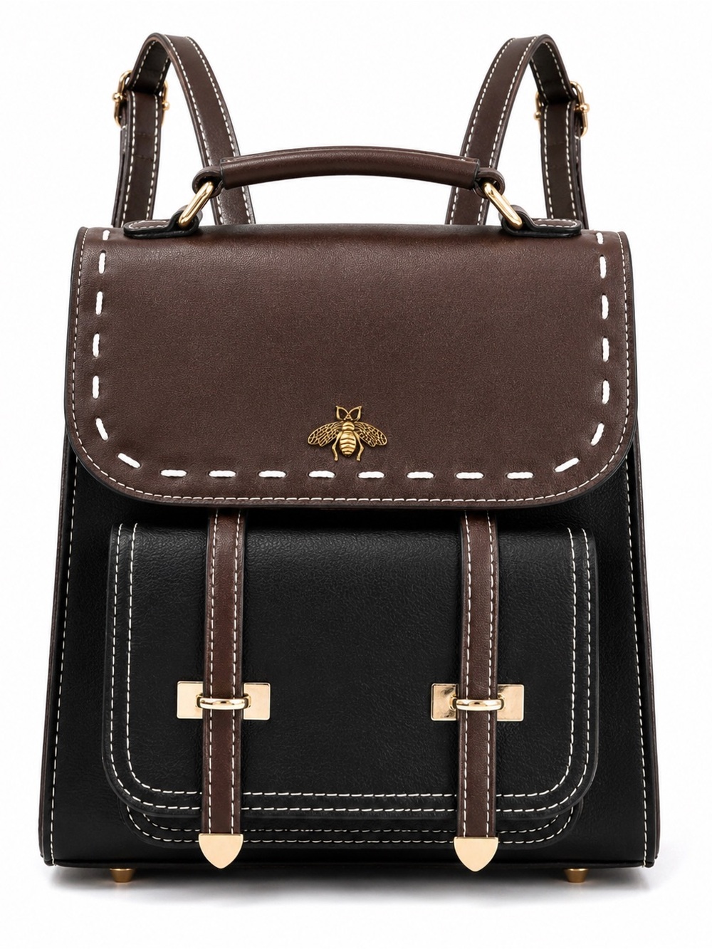 Black Brown Bee Convertible Backpack Purse Satchel Gold Tone
